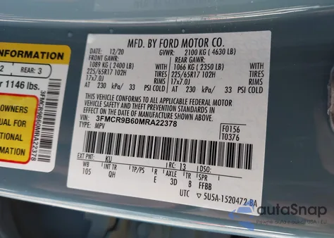 2021 Ford Bronco Sport Big Bend z USA, uszkodzony, nr VIN 3FMCR9B60MRA22378